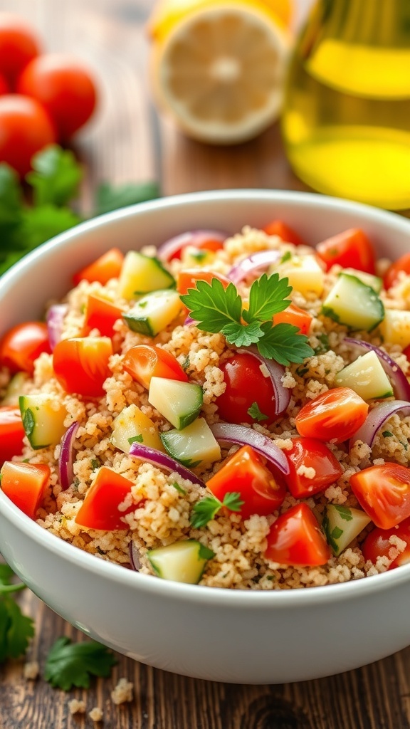 A colorful Mediterranean quinoa salad with tomatoes, cucumber, and parsley in a bowl on a wooden table.